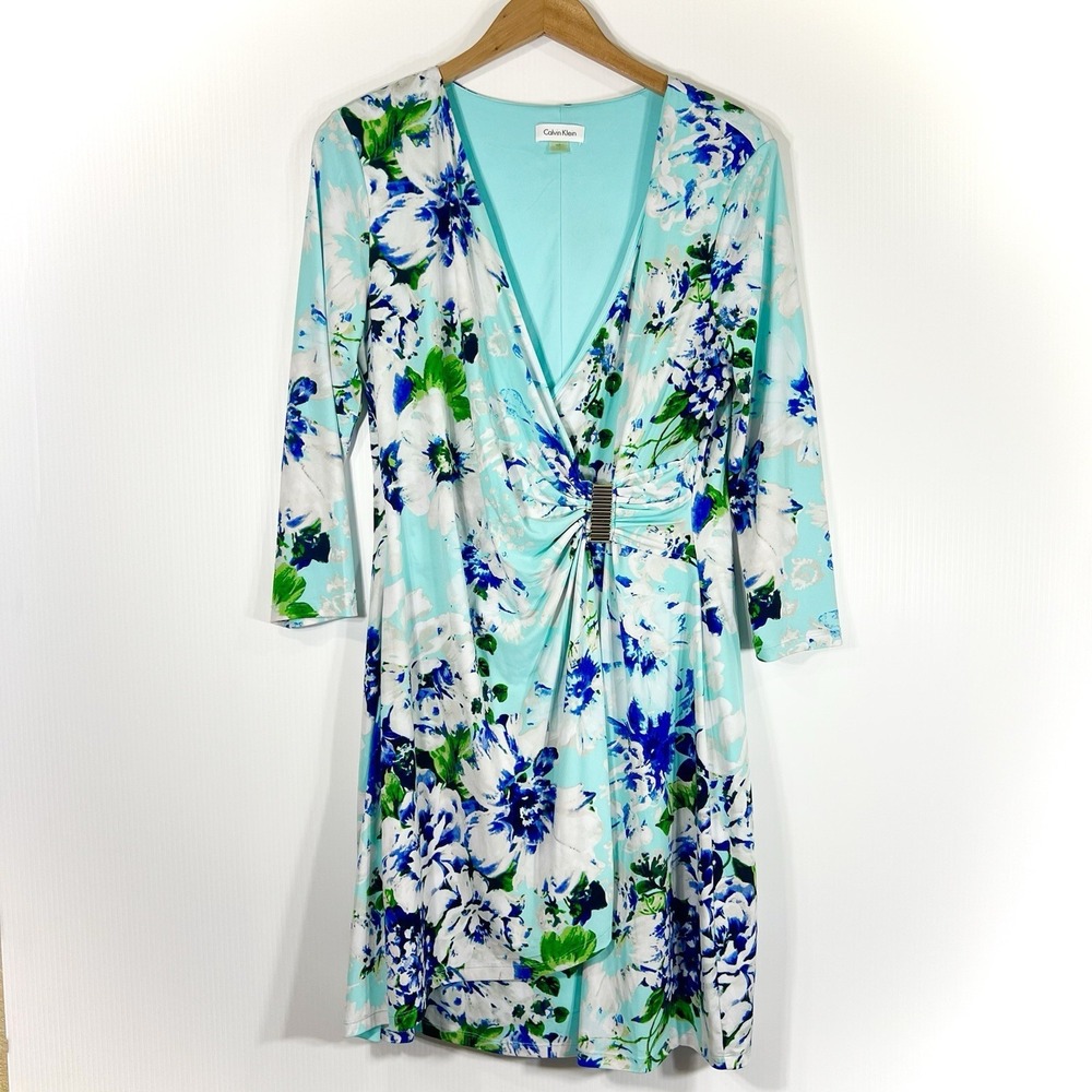 Calvin Klein Floral Long Sleeve Wrap Dress Size 14 V' Neck Botanical Lined *READ